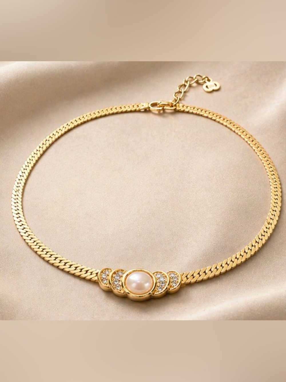 Dior Gold-Tone Necklace with Central Pearl and Crystal Accents